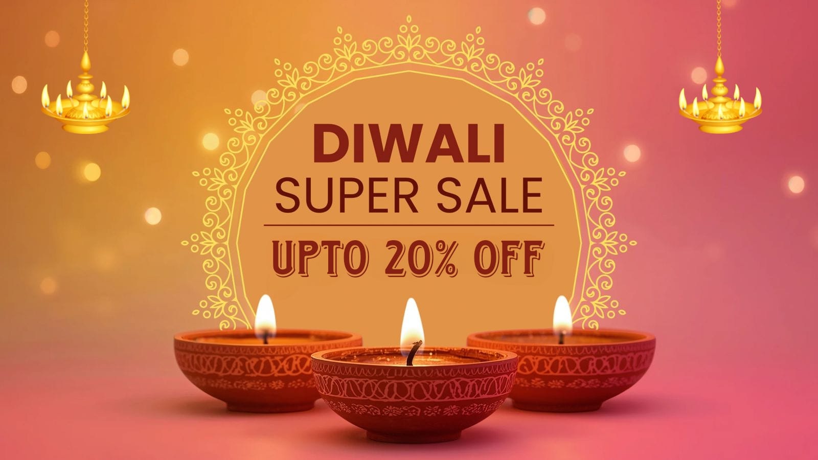 Diwali super sale advertisement with lit oil lamps and decorative elements on a pink and orange gradient background.